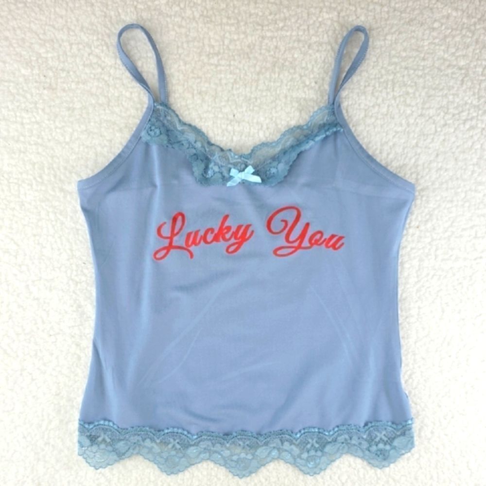 Virghoes Powder Blue Lacy Cami with red text printed Lucky You